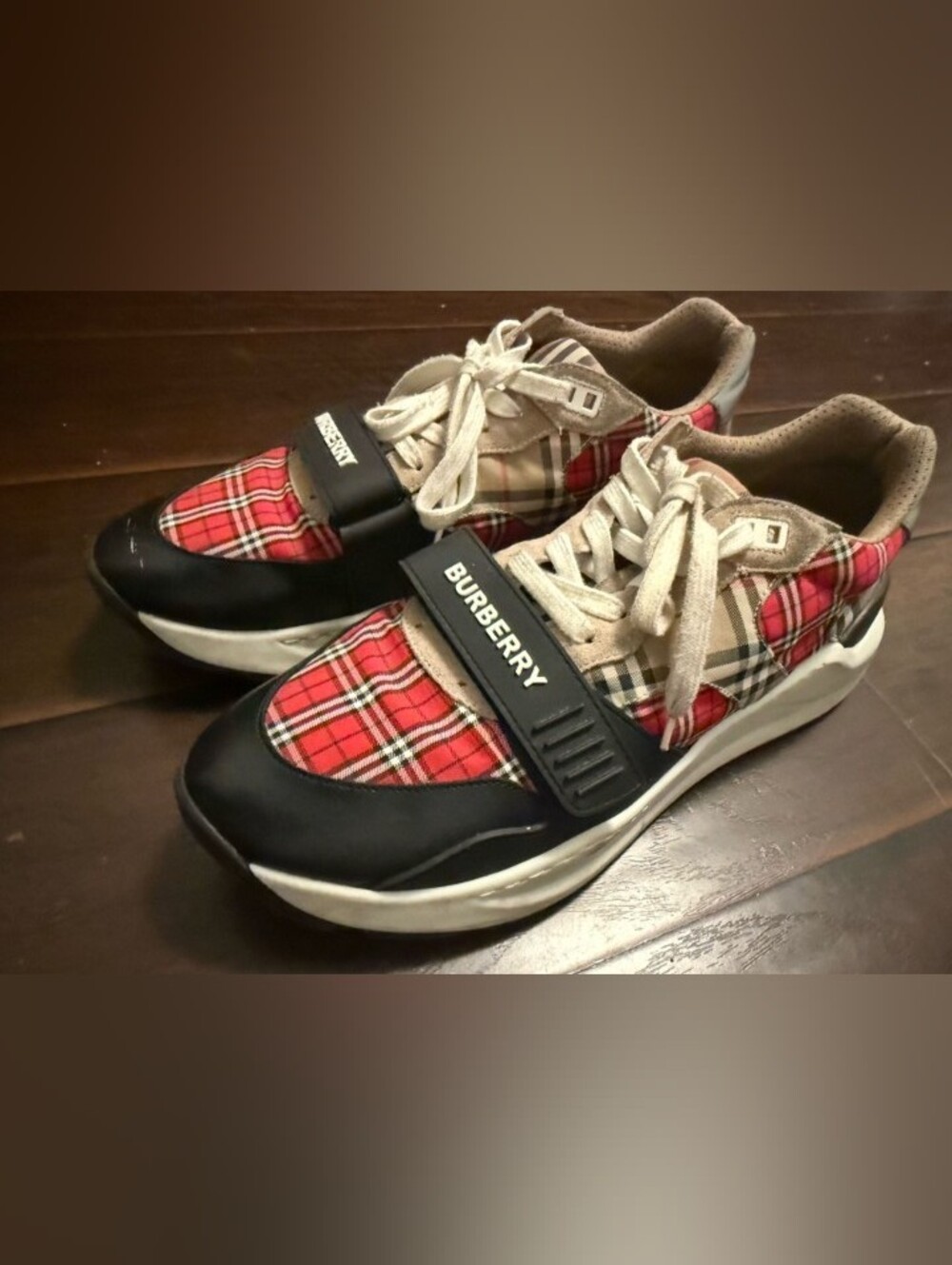 Burberry Red Plaid & Black Lace-Up Sneakers with Logo Strap